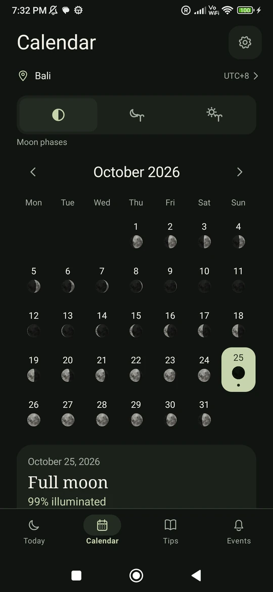 Moon Phase: Calendar screen