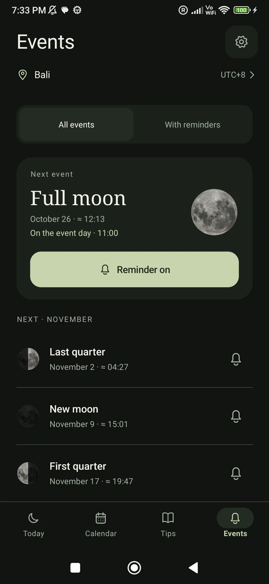 Moon Phase: Events screen