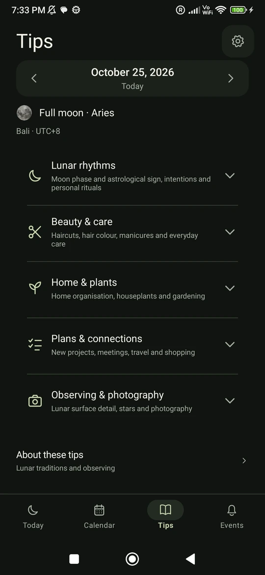 Moon Phase: Tips screen